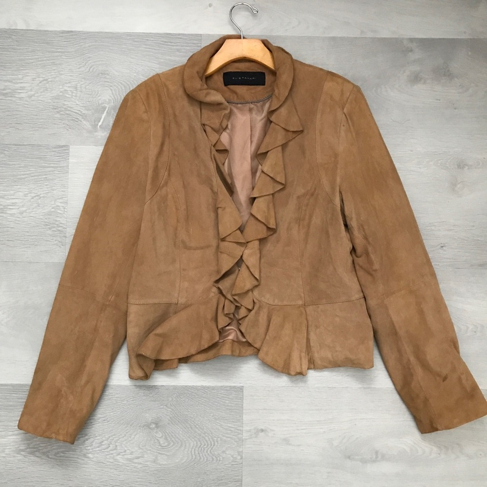 ELIE TAHARI WOMENS LEATHER JACKET BROWN SUEDE CROPPED DRESSY RUFFLE LARGE